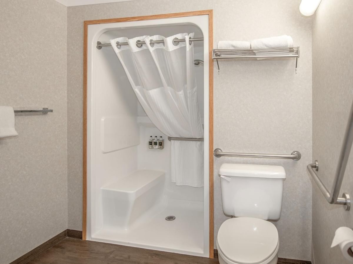 A bathroom with a walk-in shower, toilet, and safety bars on the walls.