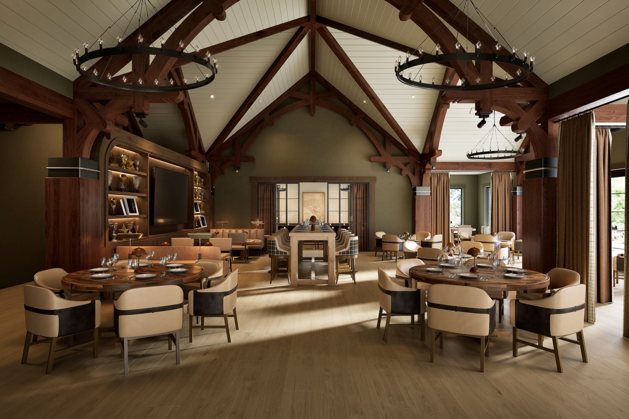 A restaurant with wooden floors, round dining tables, and chandeliers in a wooden, vaulted ceiling.