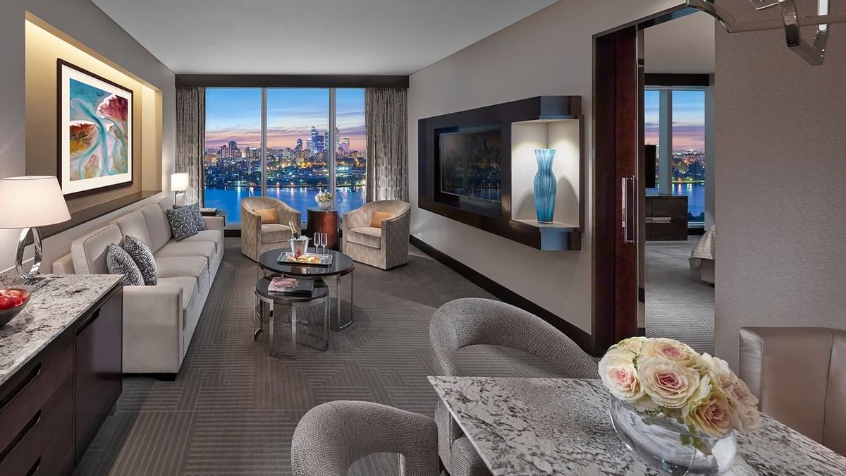 Lounge area in Premier Club View Suite at Crown Hotel Perth