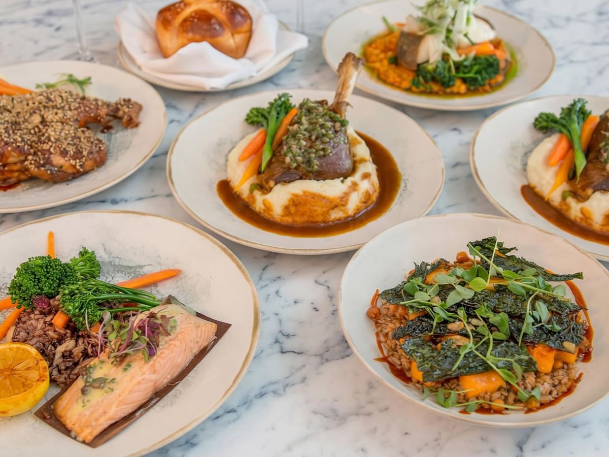 Various delicious dishes with meat and vegetables.