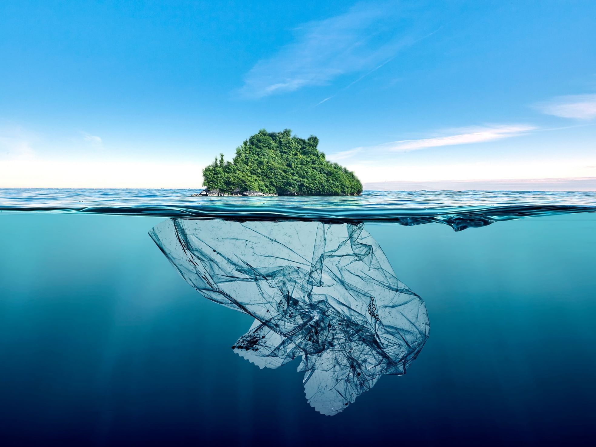 Garbage floating in ocean near island at Daydream Island Resort