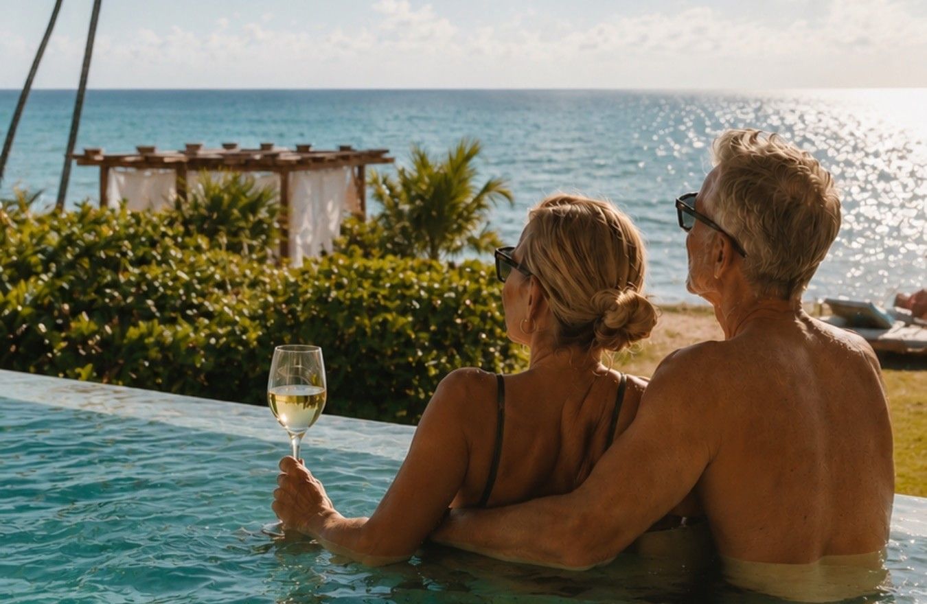 Couple enjoying wine in a private pool overlooking the Caribbean at Mi Amor