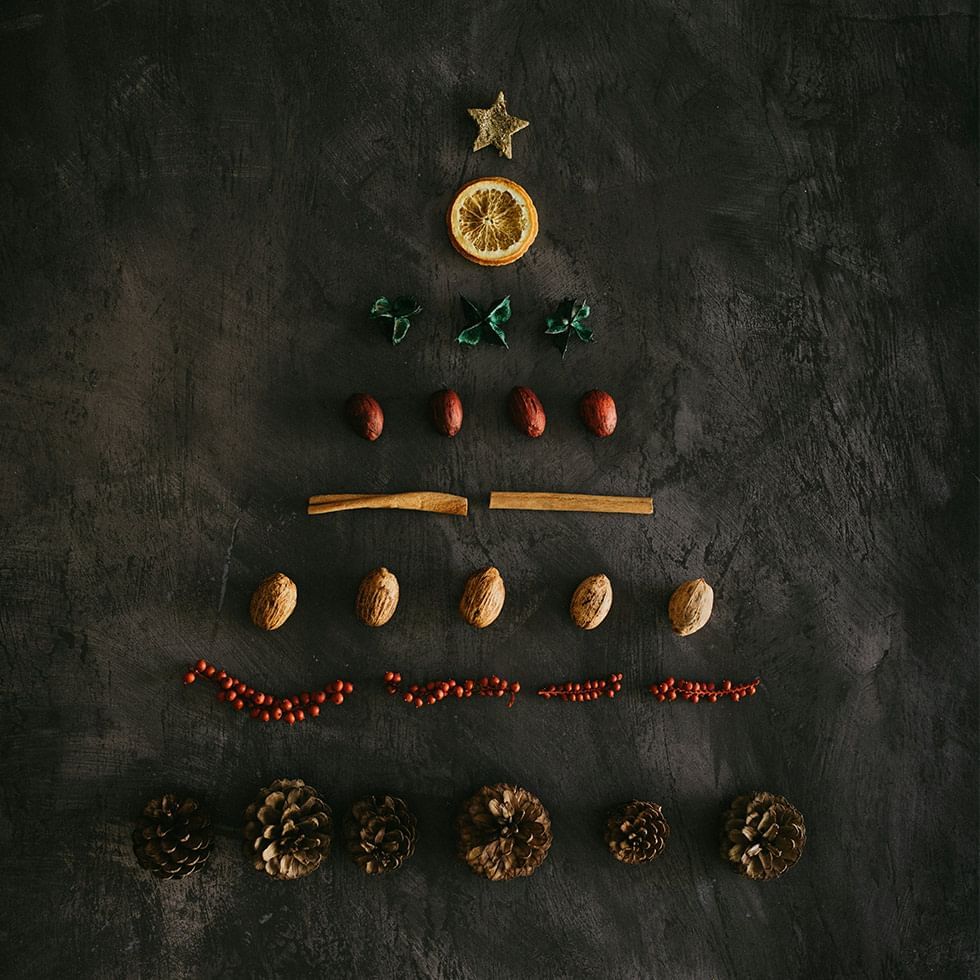 Christmas tree shaped arrangement of nuts, cinnamon, pine cones at Falkensteiner Balance Resort Stegersbach