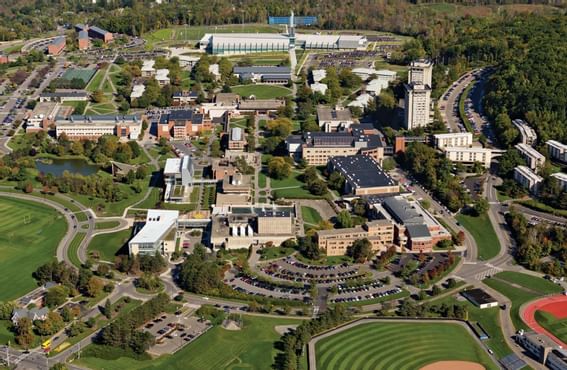 Aerial view of Ithaca College near La Tourelle Hotel and Spa