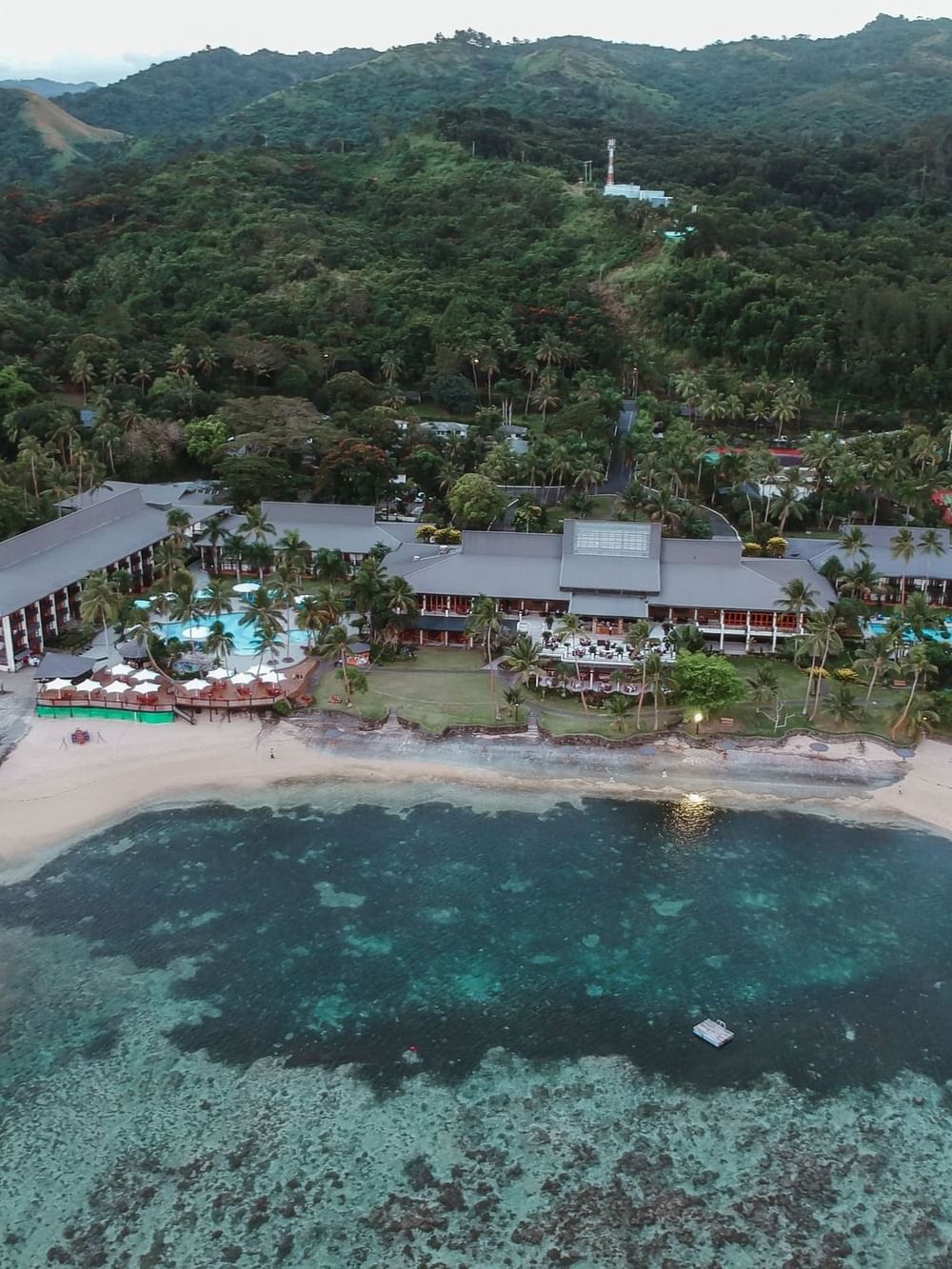Resort pool with a thatched roof bar by palm trees near a turquoise ocean near Warwick Fiji Resort and Spa