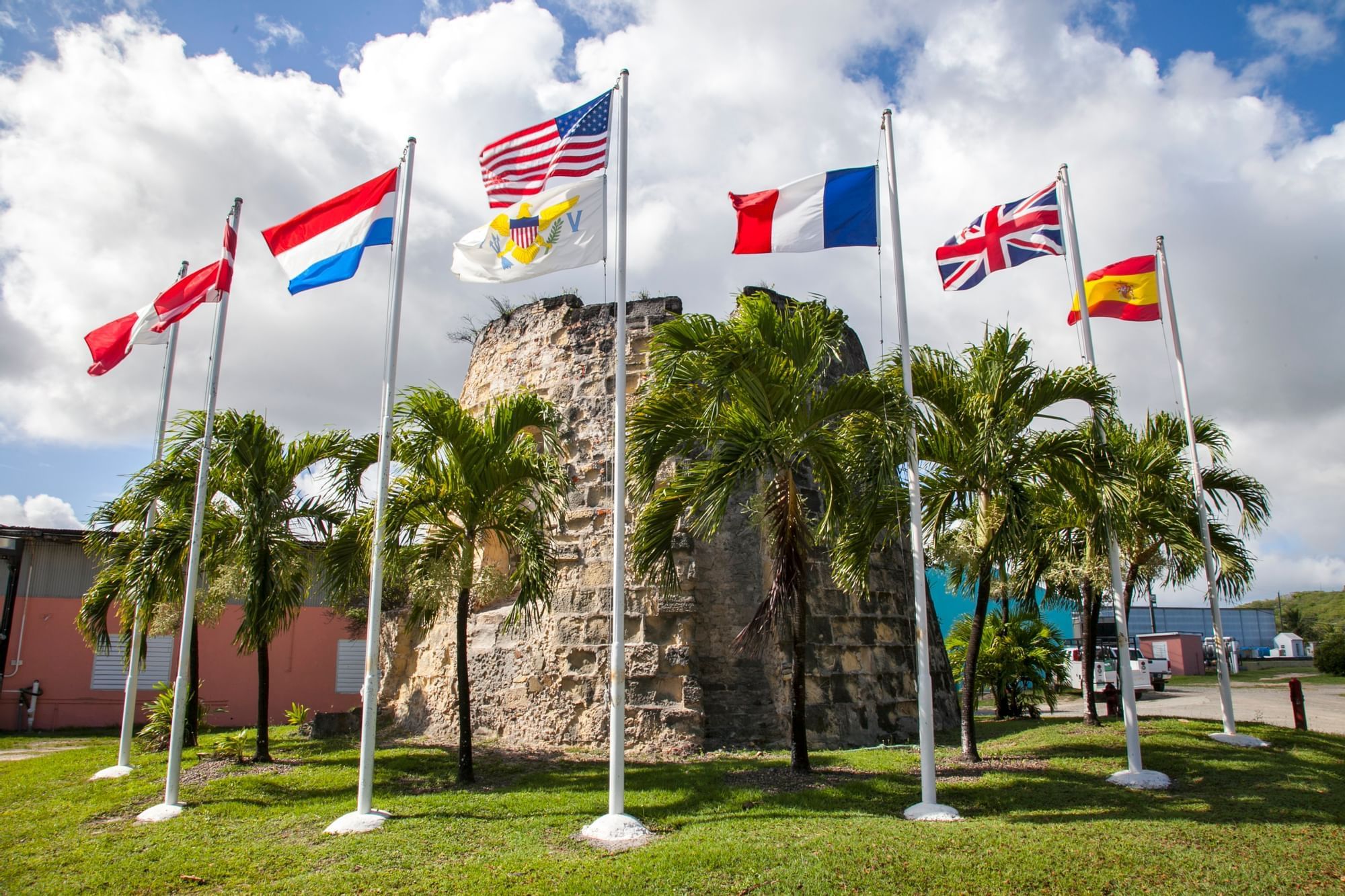 Flags at the outside of Cruzan Rum Distillery in The Buccaneer