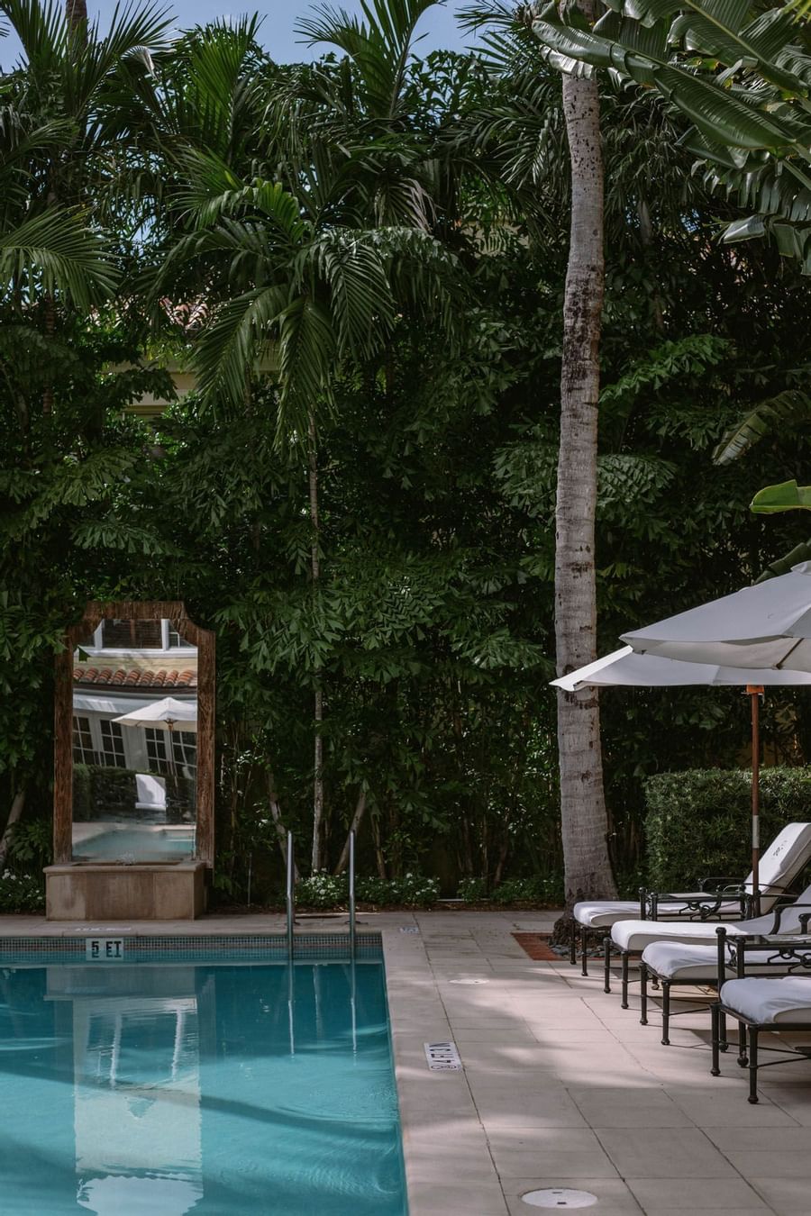 Lounge chairs under a white patio umbrella beside a swimming pool surrounded by palm trees at The Brazilian Court