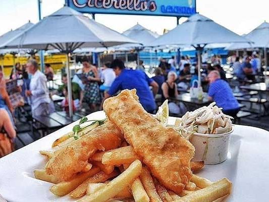 Fish and chips served at Cicerello's near Be Fremantle