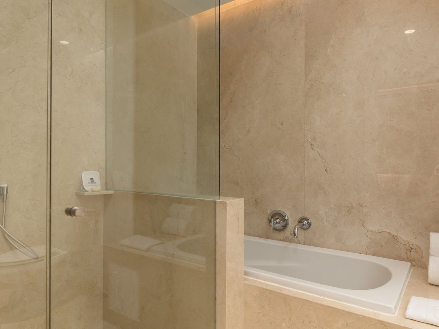 King Presidential Suite soaking tub with marble surrounds and a glass-enclosed shower area nearby at Camino Real Merida