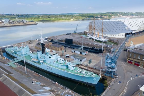 3 Historic Warships at the Dockyard near Bridgewood Manor Hotel