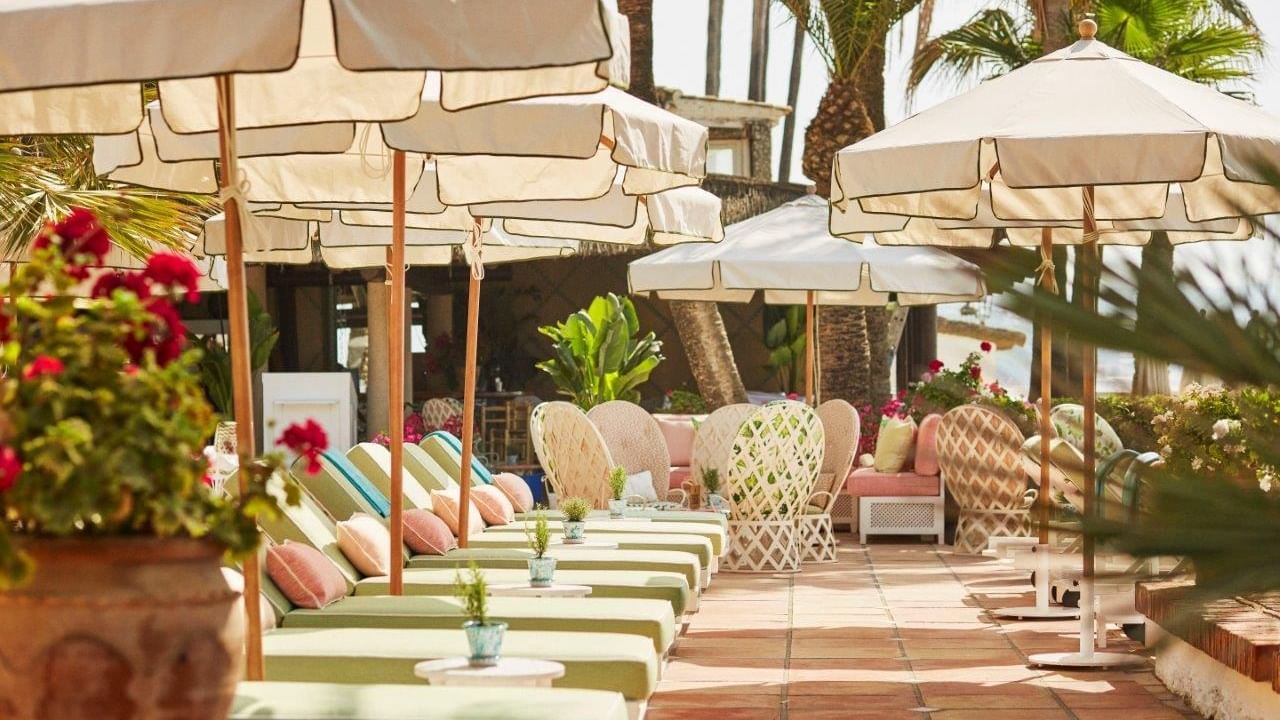 Loungers by the pool at the Beach Club at the Marbella Club hotel