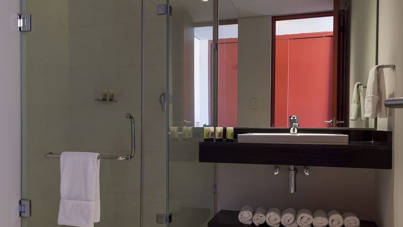 Deluxe King room bathroom at Gamma Morelia Beló