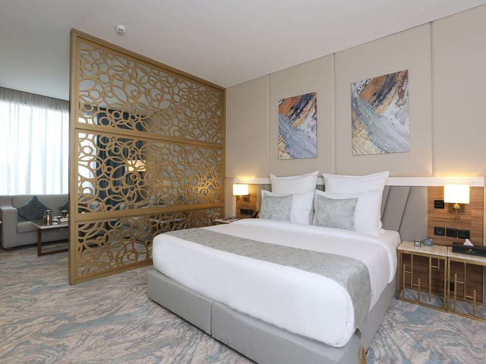 Elegantly decorated Junior Suite at Cantonal Hotel by Warwick Riyadh.