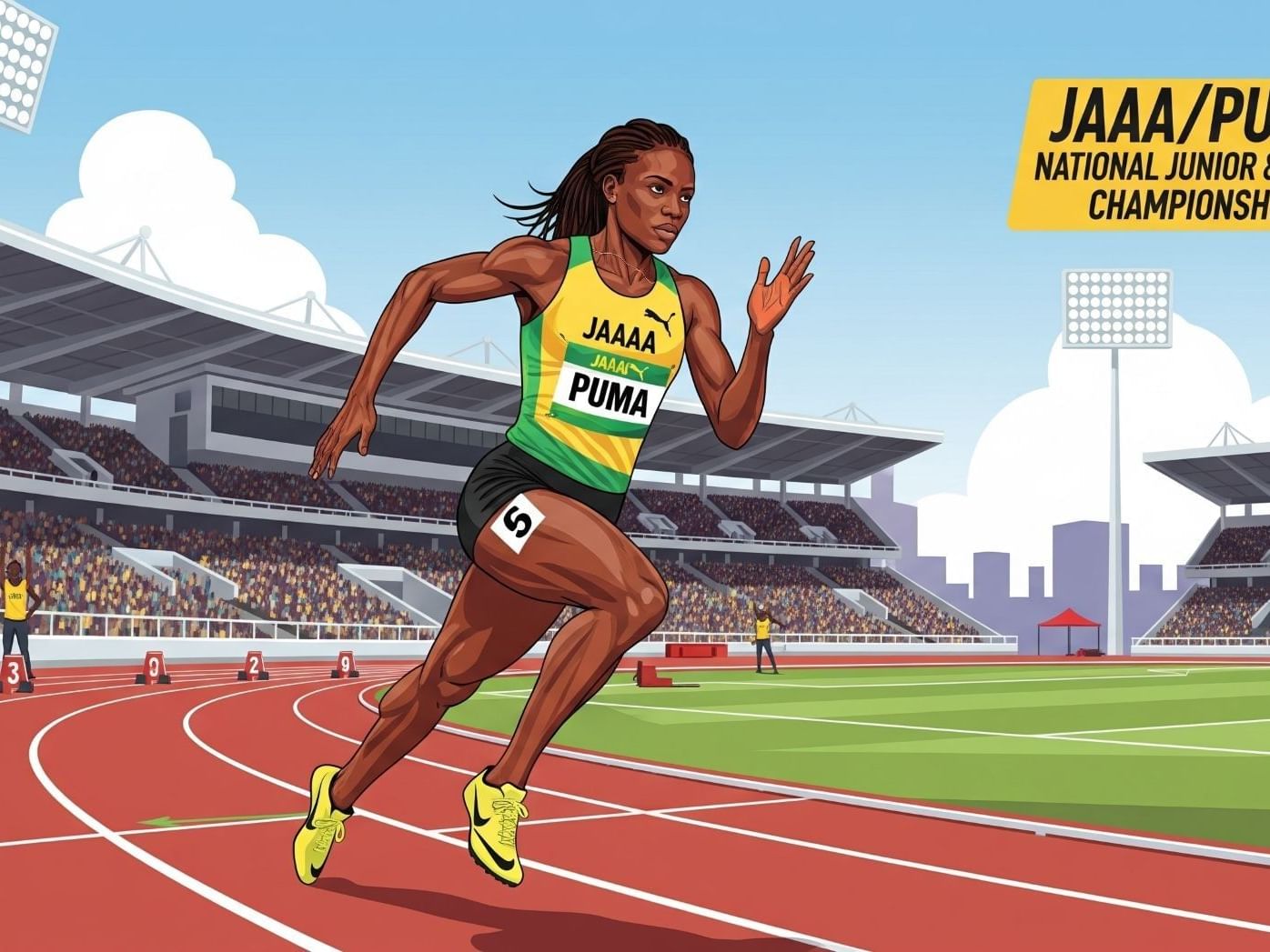 Illustration of a female sprinter competing on the track in a stadium used at Jamaica Pegasus Hotel