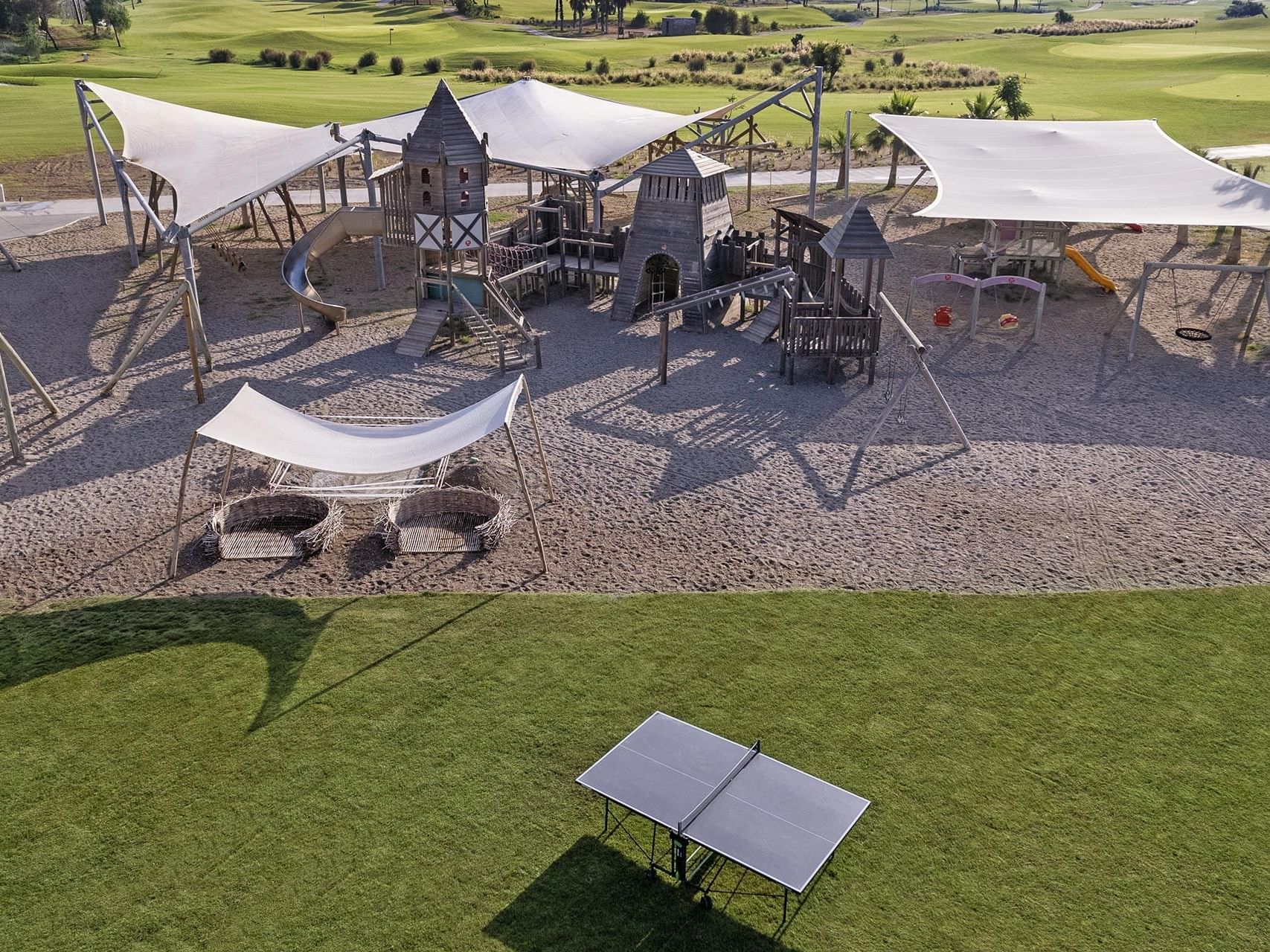 High-angle view of the beach playground area at Titanic Deluxe Golf Belek