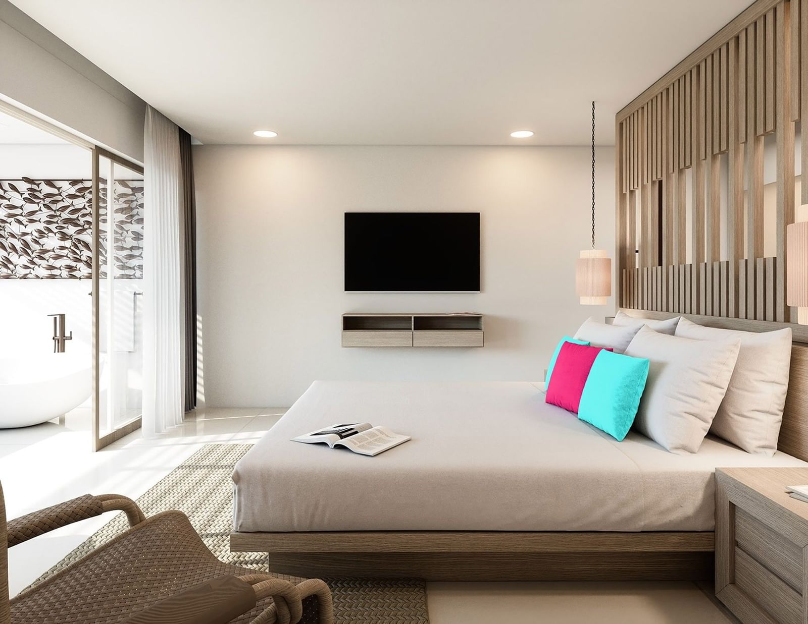 Modern Oceanview Suite with king bed, wooden headboard, wall-mounted TV, and balcony at Moon Gate Hotel & Spa in Bay.