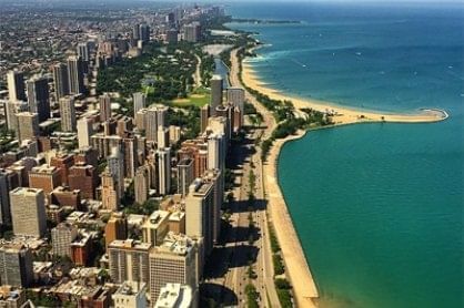 Aerial view of the Chicago Coastline near Kinzie Hotel