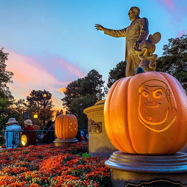 Walt, Mickey statue with Halloween pumpkins, The Anaheim Hotel