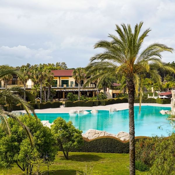 High-angle view of Falkensteiner Club Funimation Garden Calabria with outdoor pool area