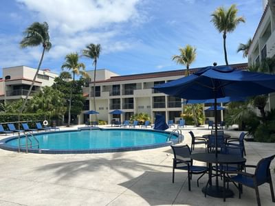 Round pool surrounded by blue umbrellas and tall palm trees beside guest balconies on a sunny deck at Miami Lakes Hotel