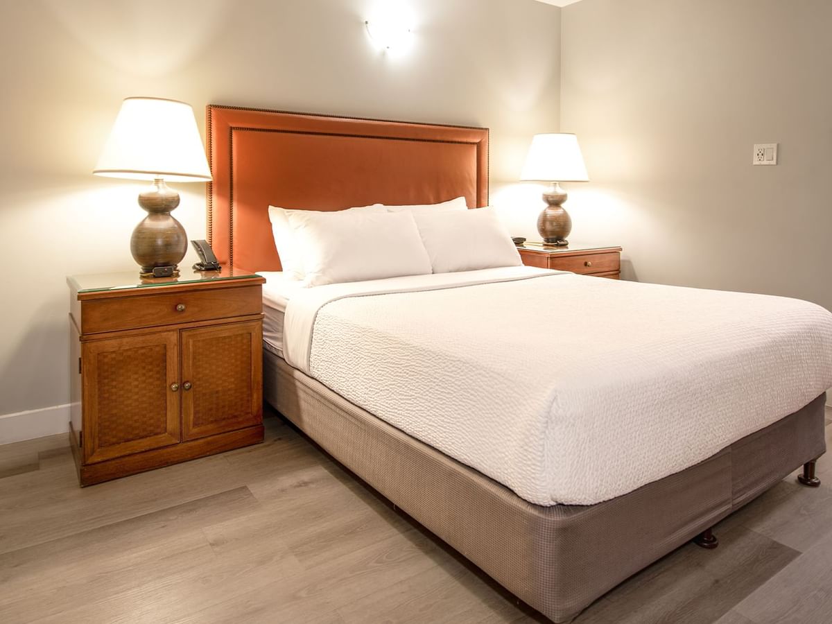 Hotel guestroom with queen bed