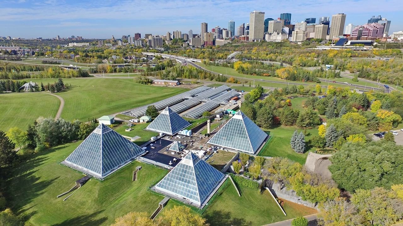 Aerial shot of pyramids and view of downtown Edmonton