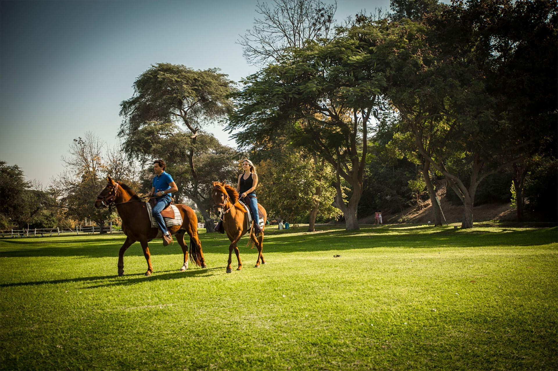 Two riders on horseback leisurely trot across a sunny, green park near Las Dunas Resort Ica