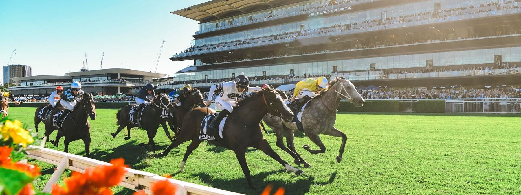 Jockeys racing horses on a track during the Sydney Autumn Racing Carnival 2026.