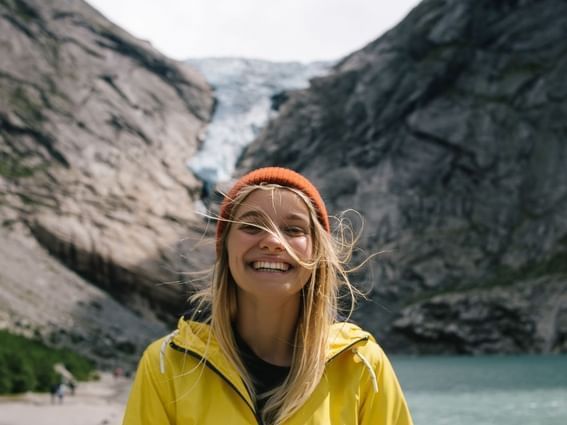 Closeup of happy girl near Hotel Cabo de Hornos