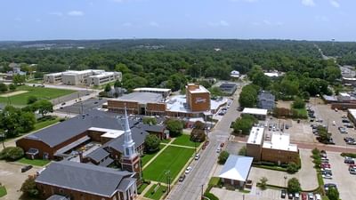 Aerial view of Hotel exterior with car park
