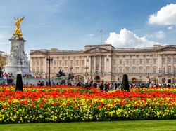 A distant exterior of Buckingham Palace London near St. Giles