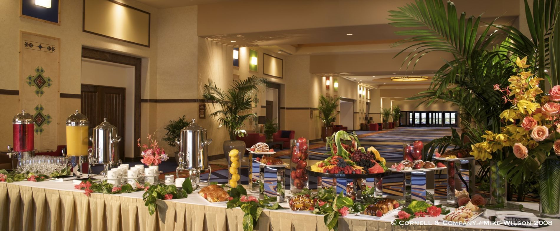 Lavish buffet spread displayed in the elegant hallway at Hilton Santa Fe Buffalo Thunder
