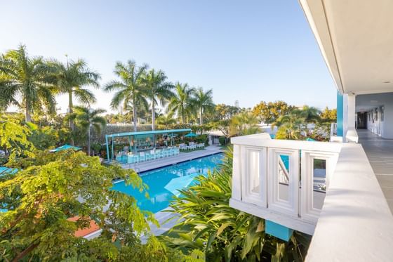 View of the pool deck from the hallway on the second floor