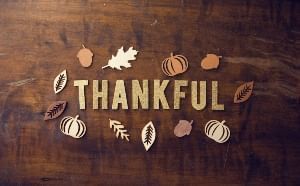 A graphic with the word thankful for Thanksgiving 2023.