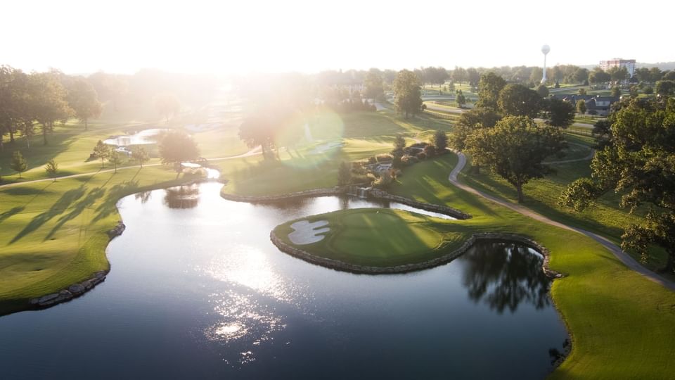 Aerial view of the lake & golf course at Shangri-La Monkey Island