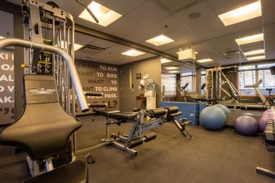Modern gym with machines, weights, and exercise balls, offering a full workout space at Blackstone Mountain Lodge