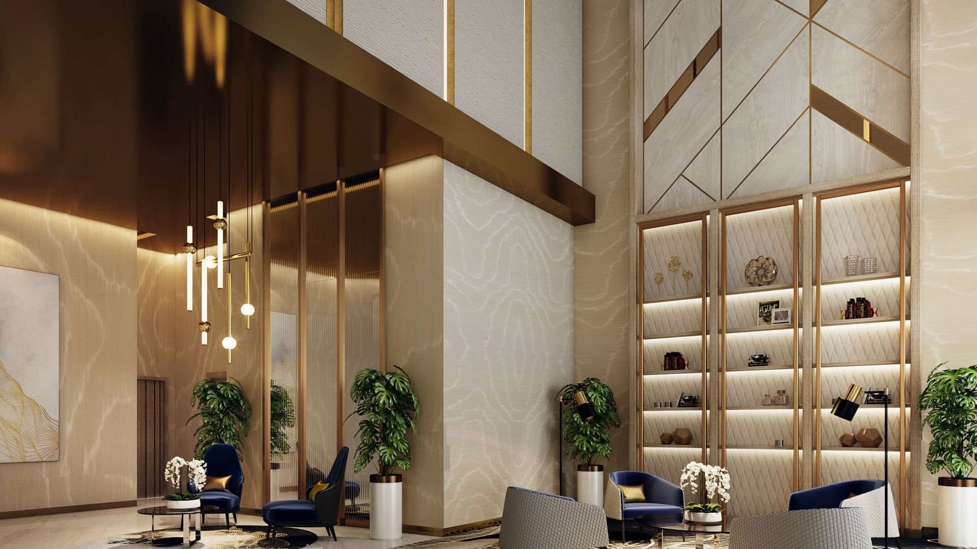Luxury lobby lounge area with cozy armchair set-up at DAMAC Maison Aykon City Hotel Apartments