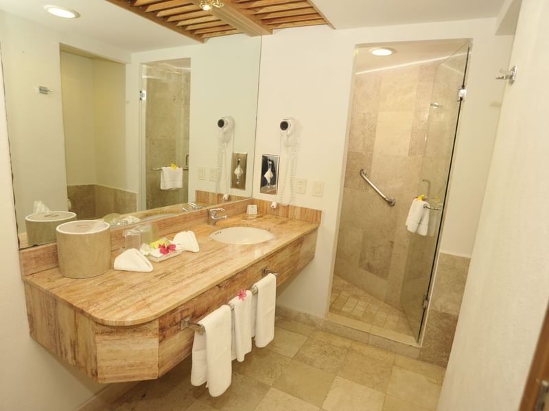 Bathroom vanity & shower area in Master Suite at Gamma Hotels