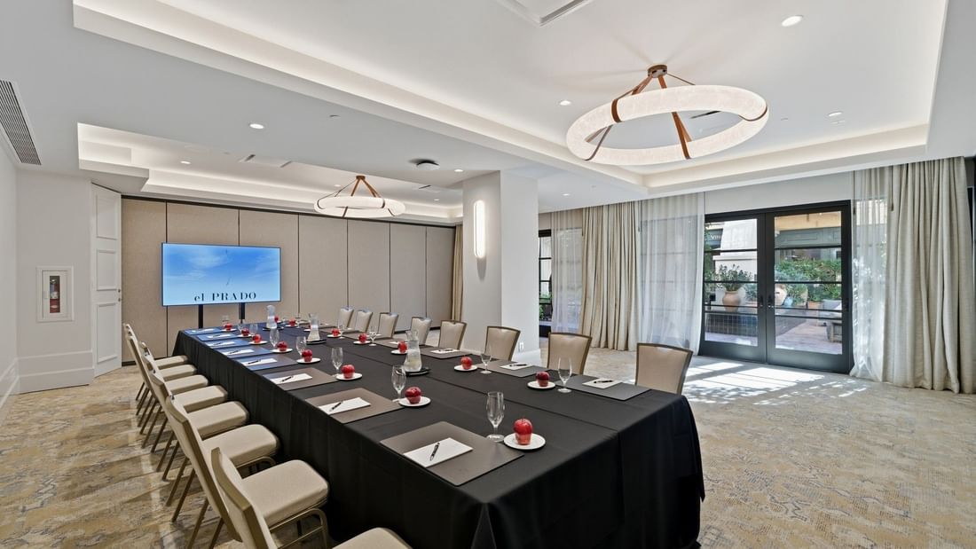 Elegant Courtyard Ballroom set up for a meeting at el PRADO Hotel in Palo Alto.