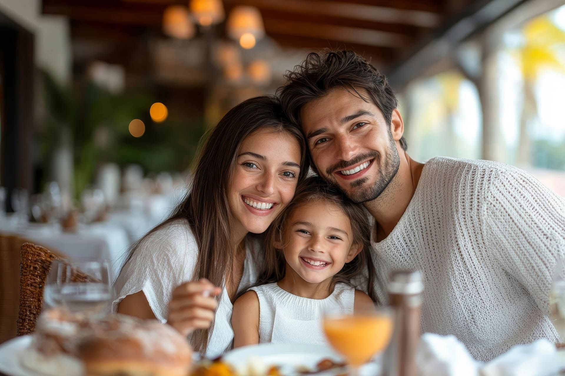 Family enjoys a meal in a cozy restaurant with elegant decor and warm lighting at AG Hotels