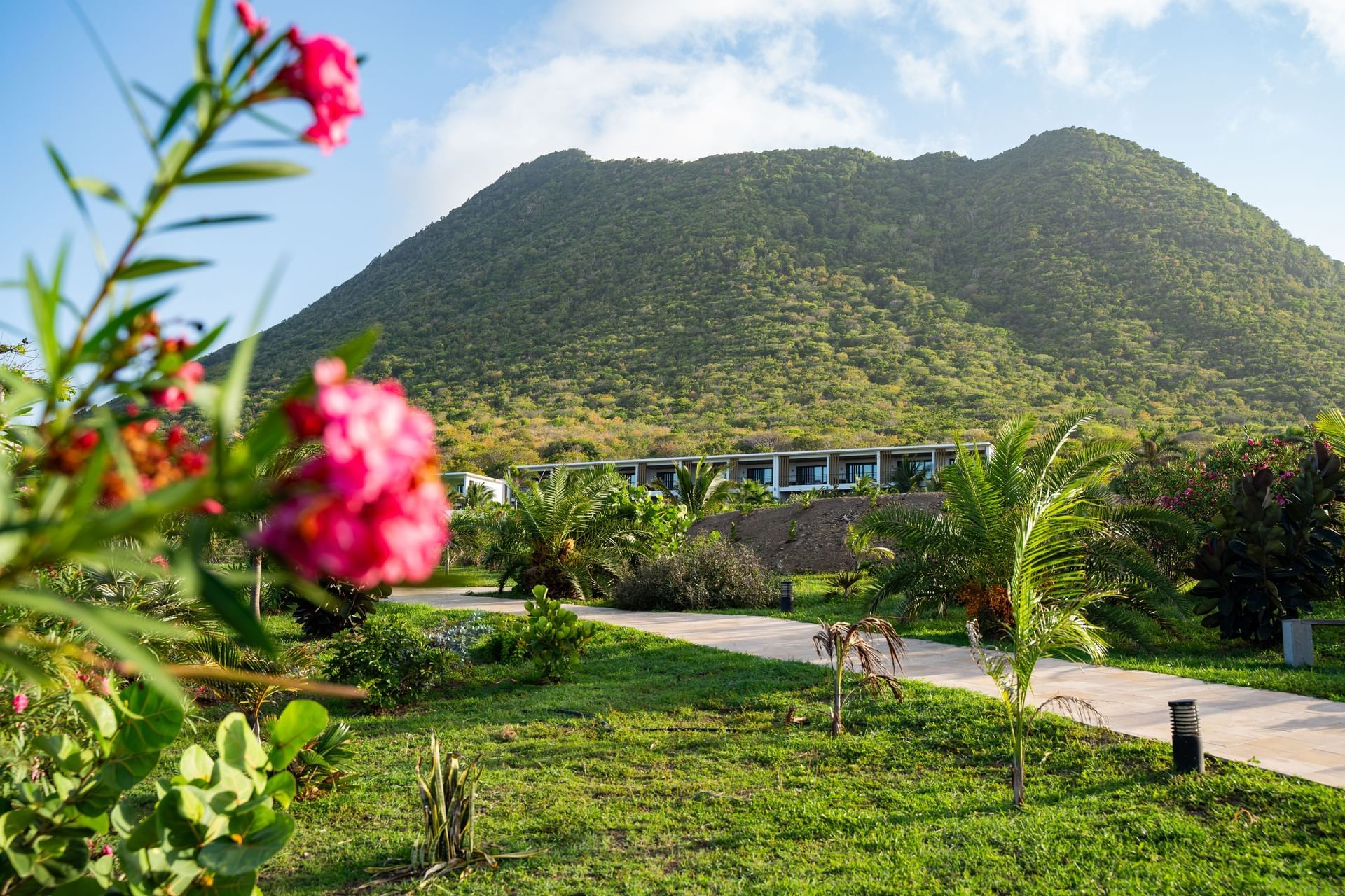 Vibrant garden path leading to Golden Rock Resort, with a lush green mountain in the background