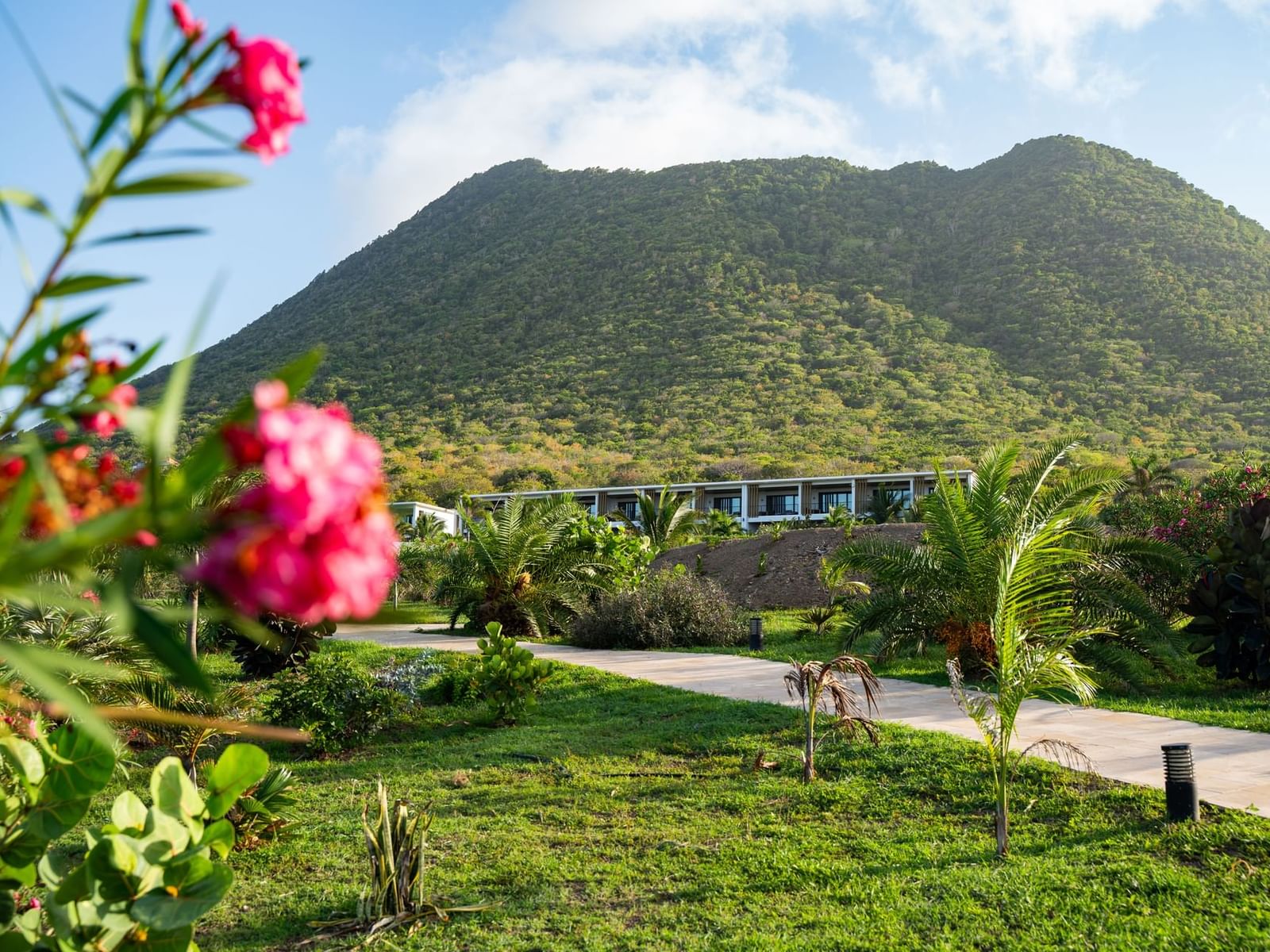 Vibrant garden path leading to Golden Rock Resort, with a lush green mountain in the background