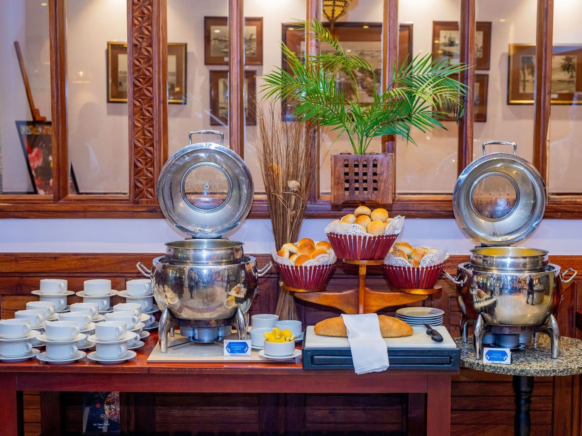 Buffet with assorted dishes and breads at Serengeti Restaurant in Dar Es Salaam Serena Hotel, Dar es Salaam.