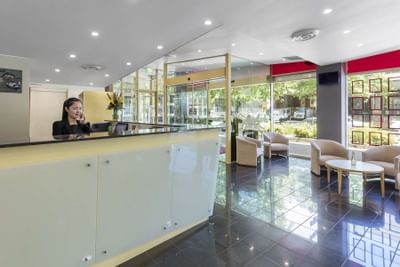 Interior of reception & lobby area at Nesuto Hotels