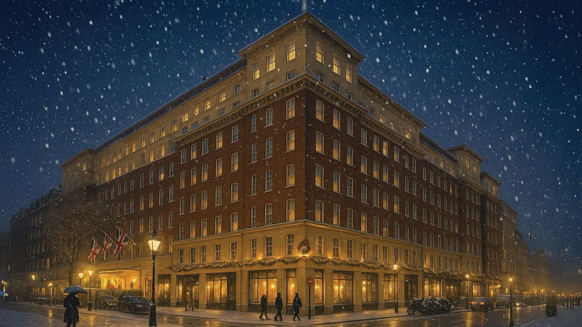 Hotel building illuminated at night with falling snow and pedestrians on the street at The May Fair Hotel, London