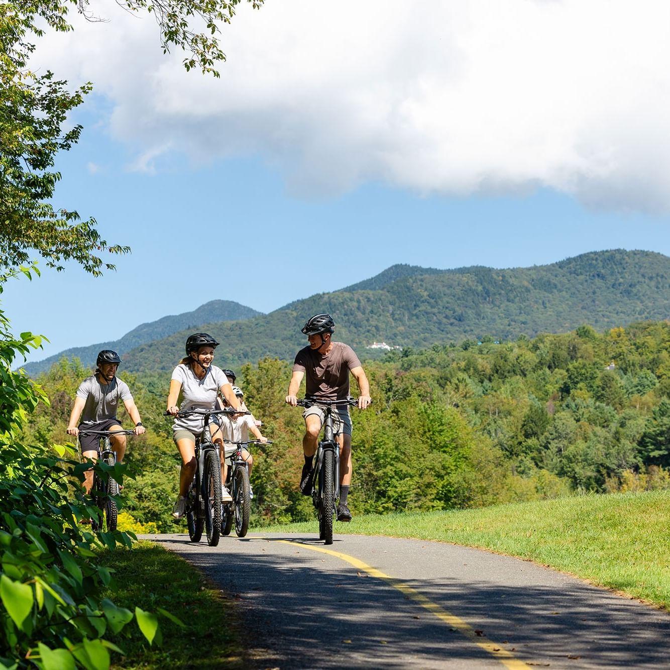 Three cyclists riding on a paved path through green meadows with forested mountains under a blue sky.