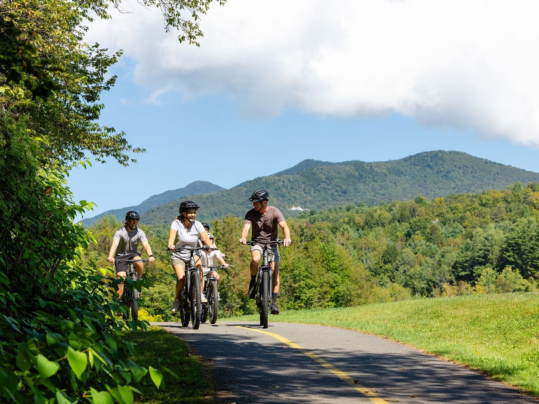 Three cyclists riding on a paved path through green meadows with forested mountains under a blue sky.