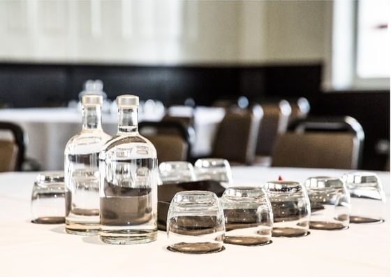 Close-up of refreshments on a table in a meeting room at The Met Hotel Leeds