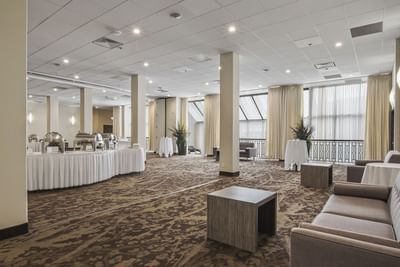 spacious ballroom with buffet setup