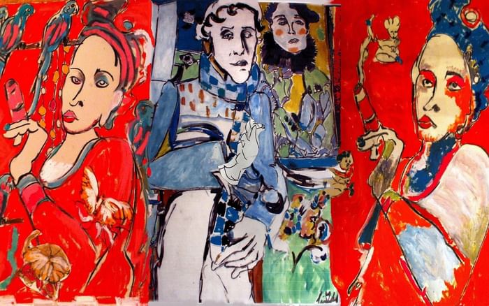 Three colorful abstract figures in a painting by Liz Goldberg